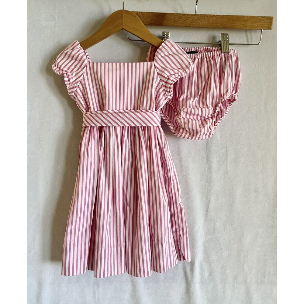 Ralph Lauren Baby Girl Pink Striped Dress 18M Bloomers 100% Cotton Sash EUC